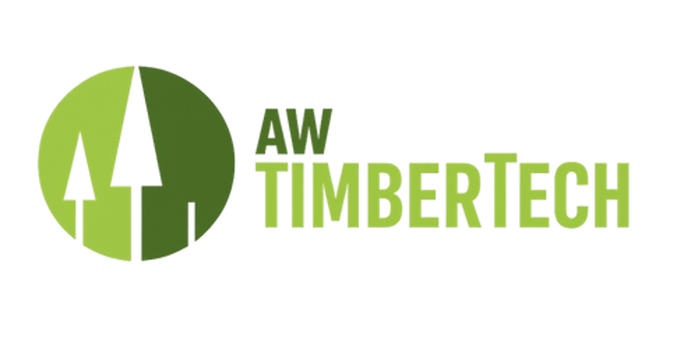 Logo mit hellem und dunklem Grün, einem Baum in einem Kreis und dem Text „AW TIMBERTECH“.