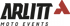 Schwarzer Arlitt Moto Events Schriftzug mit einem roten, stilisierten A-Logo auf dunklem Hintergrund.