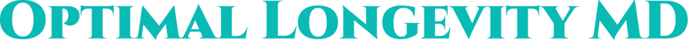 OPTIMAL LONGEVITY MD text in teal on a dark green background.
