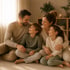 Glückliche Familie mit zwei Kindern sitzt lächelnd auf dem Boden eines gemütlichen Wohnzimmers.