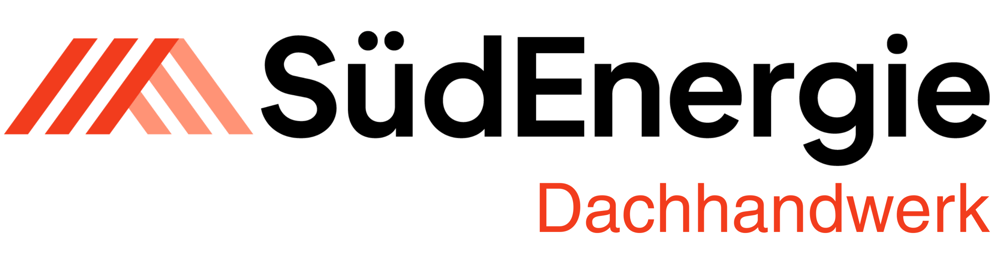 SüdEnergie Dachhandwerk Logo mit roten diagonalen Balken in Dachform und schwarzem Schriftzug auf weißem Hintergrund.