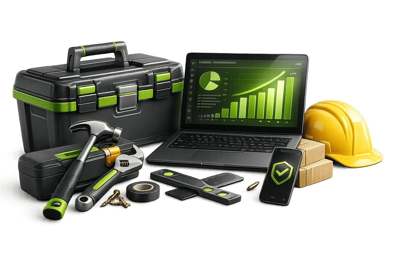 Werkzeugkoffer, Hammer, Schutzhelm, Smartphone und Laptop mit Diagrammen nebeneinander