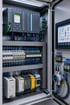Ein offener Schaltschrank mit SPS-Steuerung, vielen blauen Kabeln und einem Touchscreen-Display mit Diagramm.