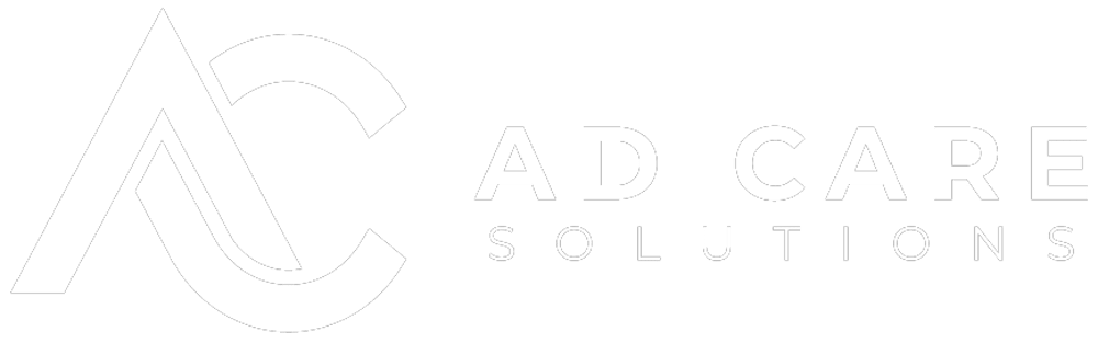 Logo von Ad Care Solutions mit stilisierten Buchstaben AC und dem Text "AD CARE SOLUTIONS" in Weiß auf grünem Hintergrund.