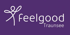 Das Feelgood Traunsee Logo zeigt einen stilisierten menschlichen Körper neben dem Schriftzug "feelgood Traunsee" in Weiß auf Lila.