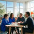 A family and a teacher sit around a wooden table in a bright classroom for a parent-teacher conference.