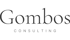 Logo von Gombos Consulting in grauer Serifenschrift auf schwarzem Hintergrund.