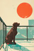 Ein brauner Labrador sitzt auf einem Balkon und blickt auf die Stadt und die große rote Sonne am Himmel.