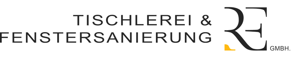 Logo der Tischlerei & Fenstersanierung RE GmbH mit stilisierten Buchstaben auf schwarzem Hintergrund.
