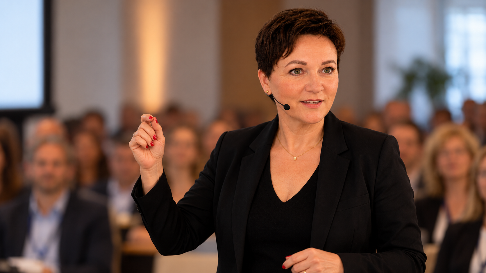 Carolein Weiß bei einem Vortrag vor Publikum