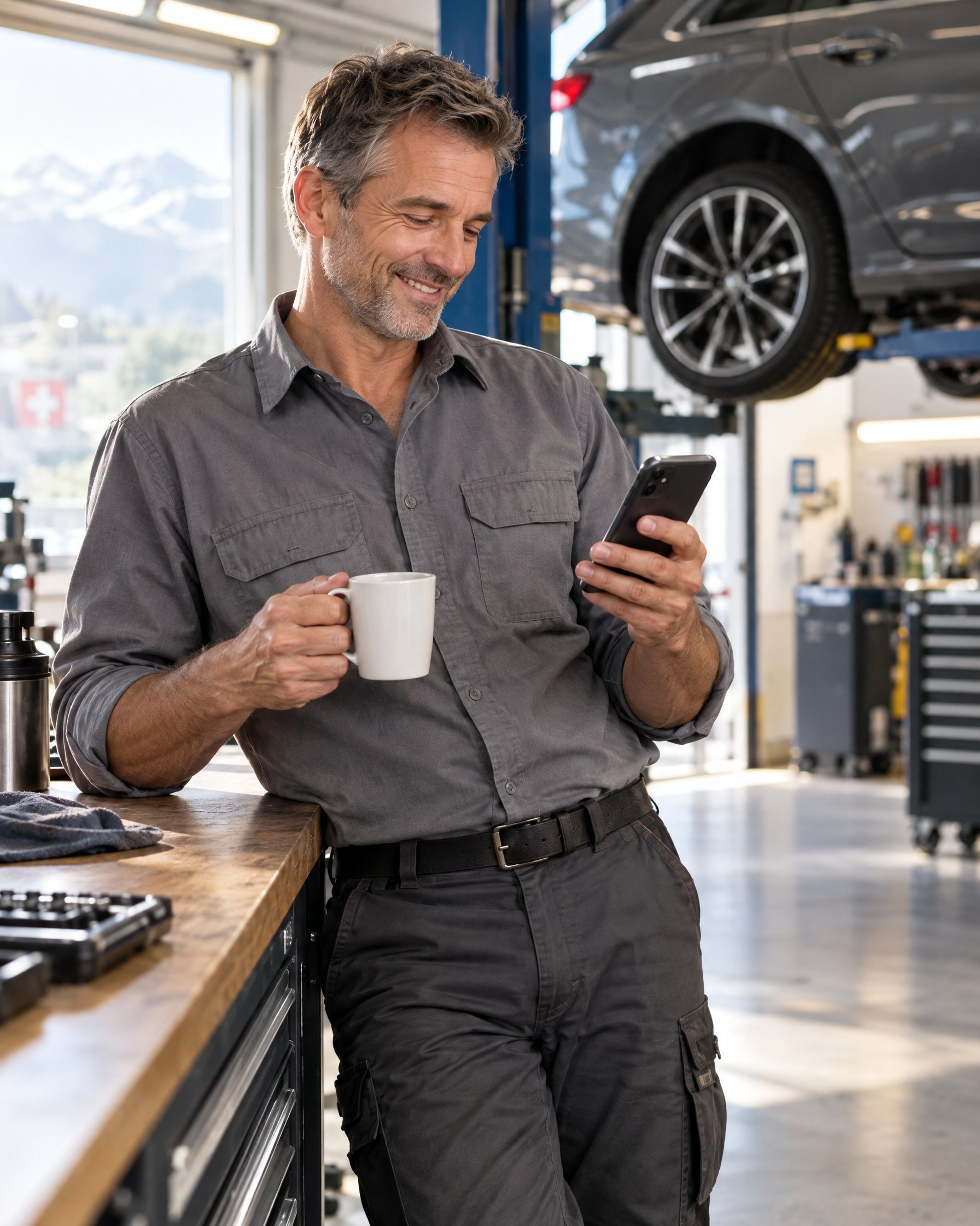 Garageninhaber beantwortet entspannt mit Kaffee eine Nachricht auf dem Smartphone