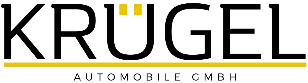 Schwarzer Text "KRÜGEL" mit gelben Umlautpunkten und Unterstrich, darunter "AUTOMOBILE GMBH".