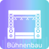 Bühnenbau-Symbol mit Traversenbühne, Lautsprechern und Beleuchtung, darunter der Text "Bühnenbau".