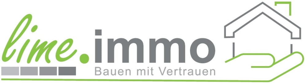 Logo: "lime.immo Bauen mit Vertrauen" mit schematischem Haus über einer Hand.