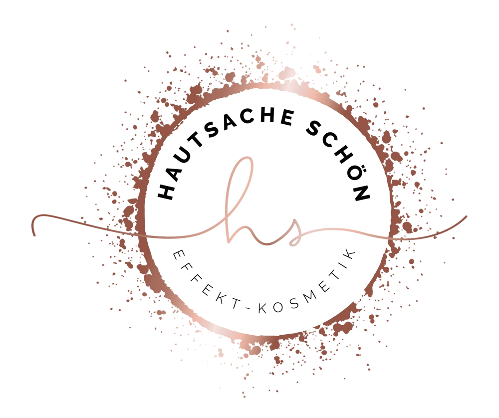 Logo "HAUTSACHE SCHÖN EFFEKT-KOSMETIK" in Roségold und Weiß mit glitzerndem Rahmen.