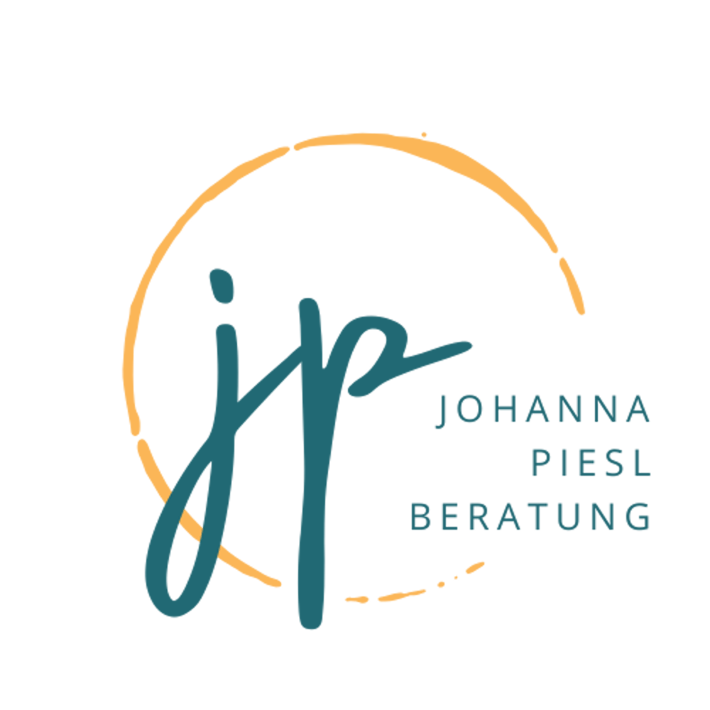 Logo: Goldener Kreis um blaue Initialen "JP" und Text "JOHANNA PIESL BERATUNG" auf grünem Hintergrund.