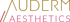 Logo mit den Wörtern "AUDERM" in Gold und "AESTHETICS" in Magenta auf dunkelgrünem Hintergrund.
