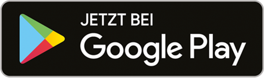 Schwarzer Button mit mehrfarbigem Google Play-Symbol und weißem Text: JETZT BEI Google Play.