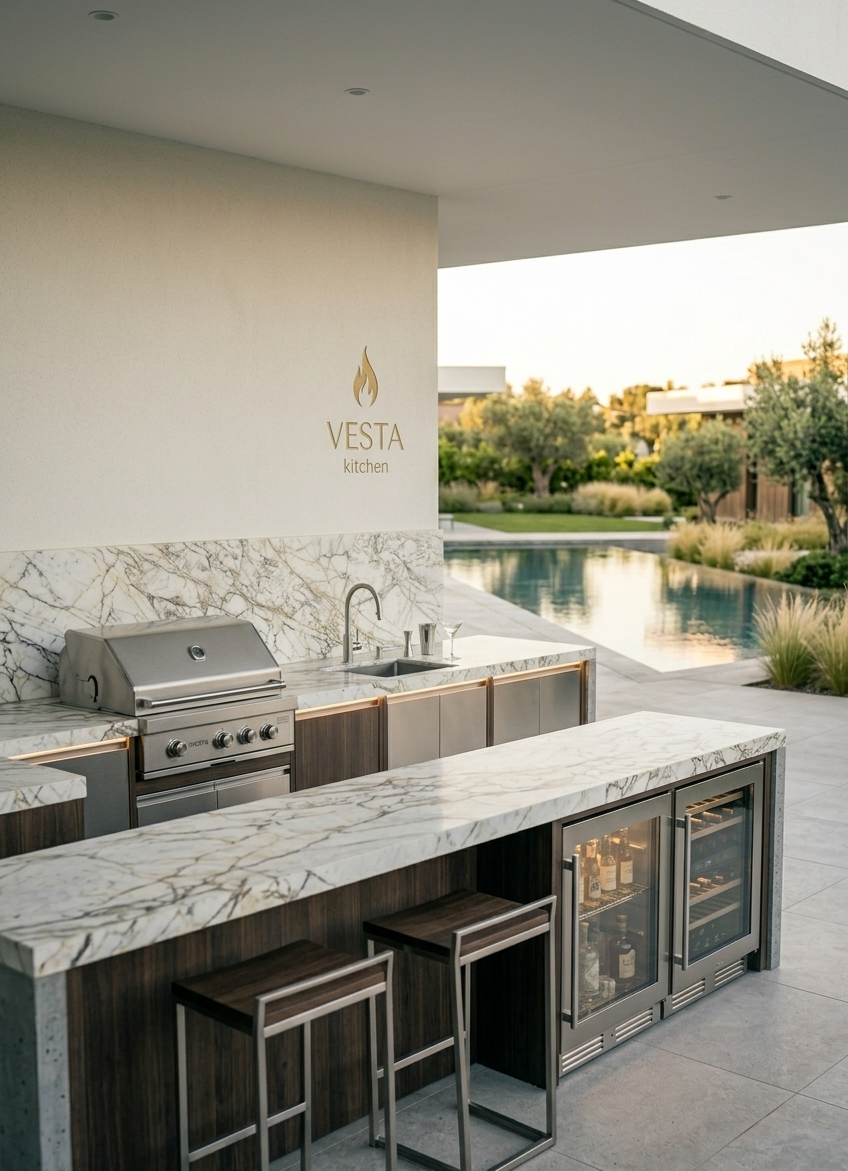 Außenküche "Die Luxus-Lounge" mit Marmorplatten, Grill, Spüle, Barhockern und Kühlschränken, VESTA kitchen Logo.