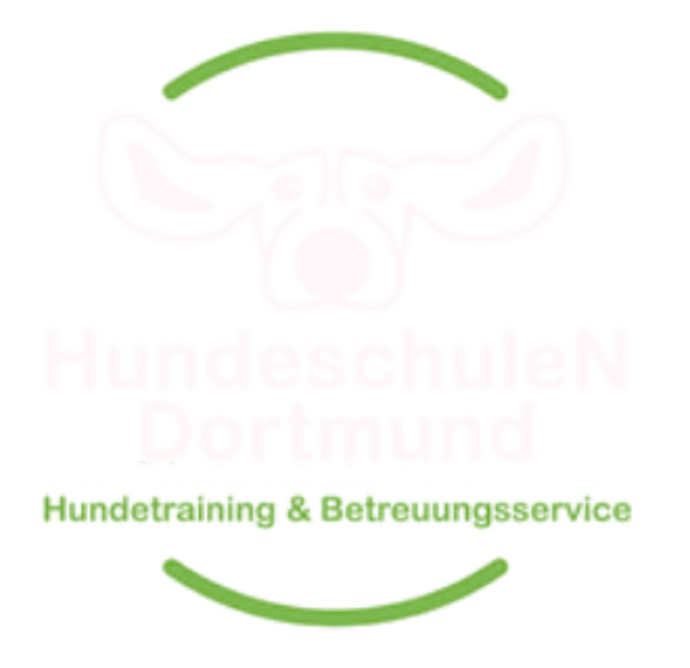 Logo mit stilisiertem Hundekopf, grünen Bögen und dem Text "Hundeschulen Dortmund - Erziehung, Training & Beschäftigung".