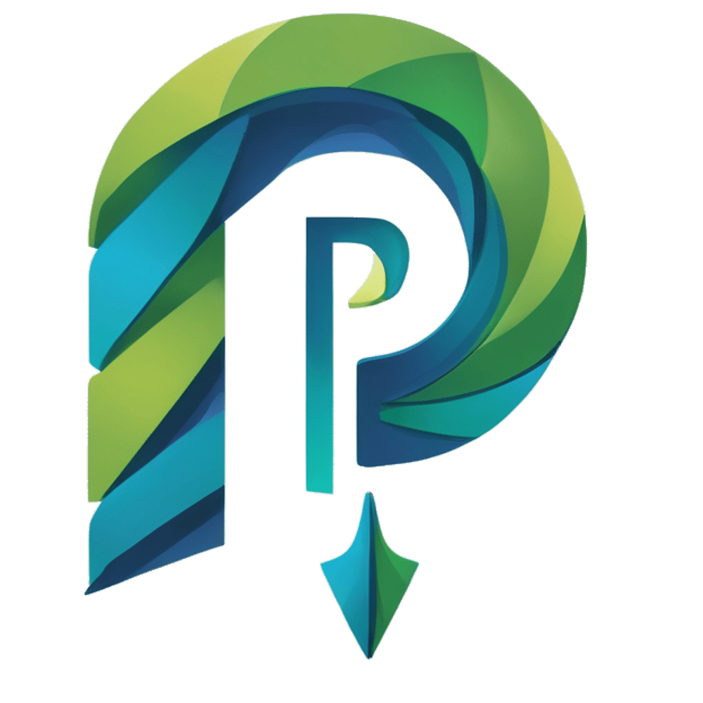 Grün-blaues "P"-Logo mit gewundenen, schattierten Bändern, die einen Kreis und einen tropfenförmigen unteren Teil bilden.