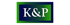 K&P Logo in Weiß auf einem blau-grünen Rechteck mit grünem Rahmen.