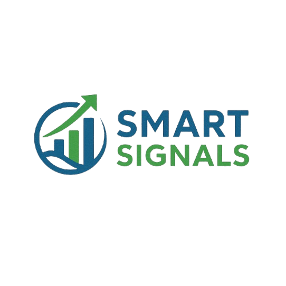 Logo "SMART SIGNALS" mit einem blauen Kreis, der einen grünen, aufsteigenden Balken und einen Pfeil umschließt.