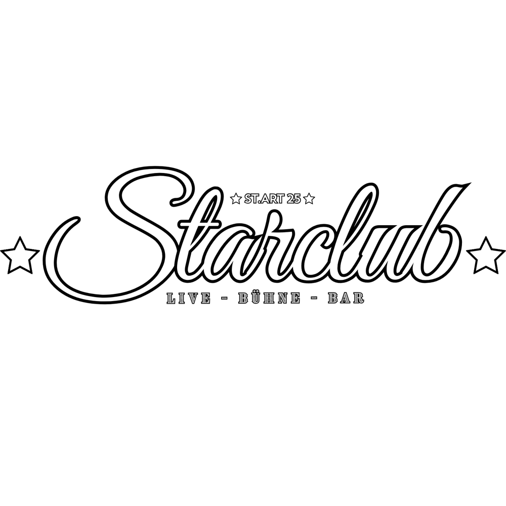 Weißer "Starclub" Schriftzug mit Sternen und kleinerer Text "LIVE - BÜHNE - BAR" auf dunkelgrünem Hintergrund. Starclub Donauwörth Logo Schriftzug.