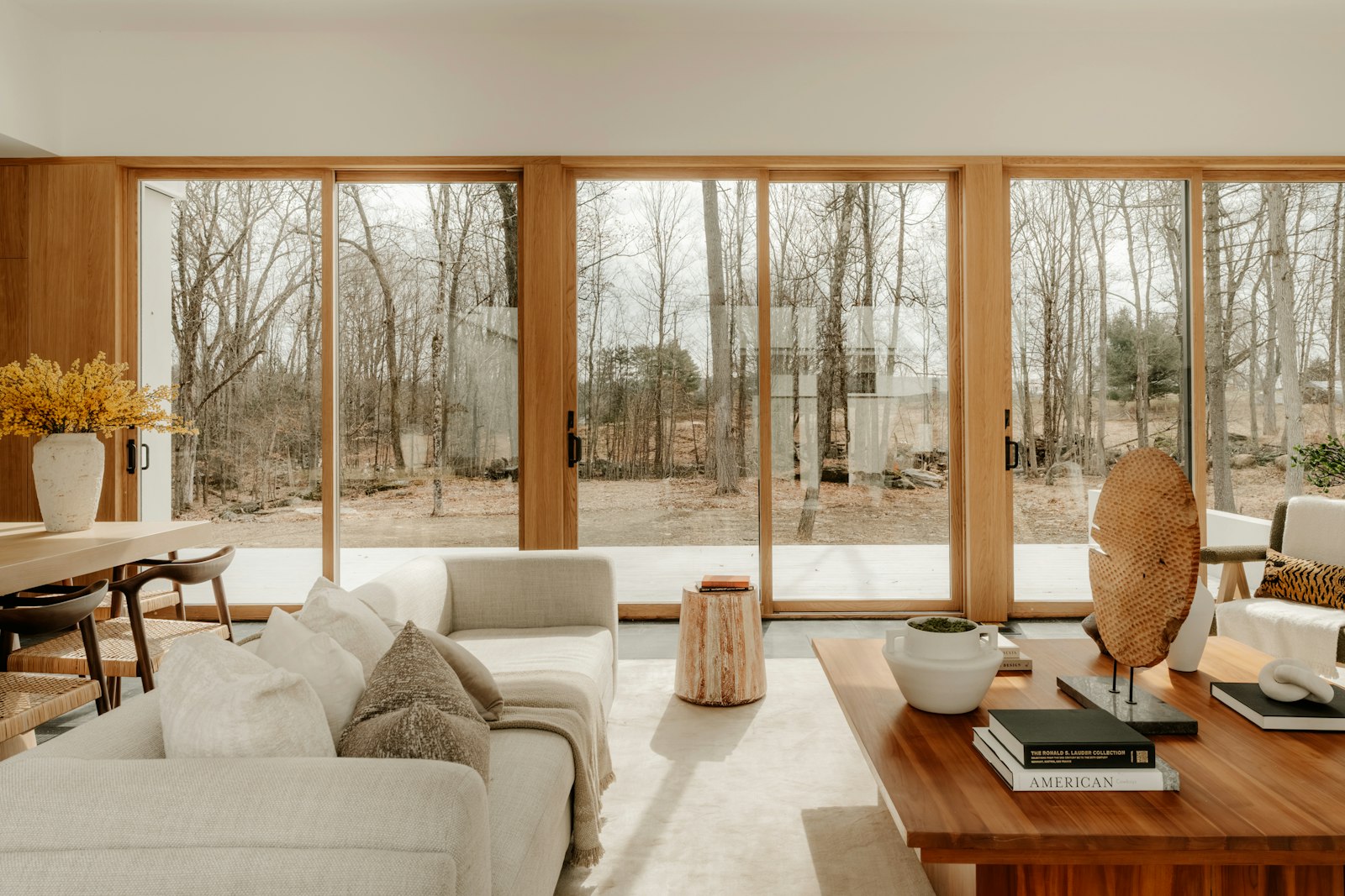 Living room with large replacement windows looking onto trees