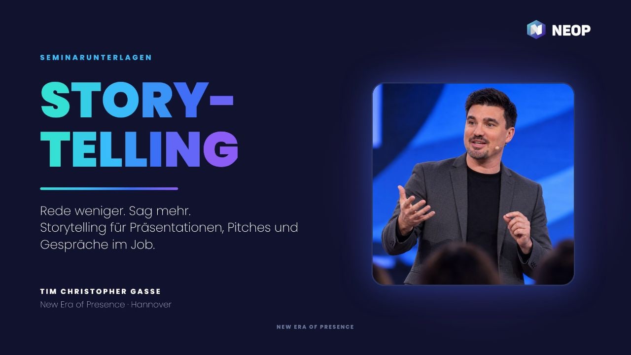 Titelfolie des Foliensatzes Storytelling — Rede weniger. Sag mehr.