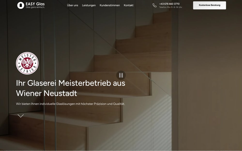 Startseite der Website von Easy Glas in Wiener Neustadt