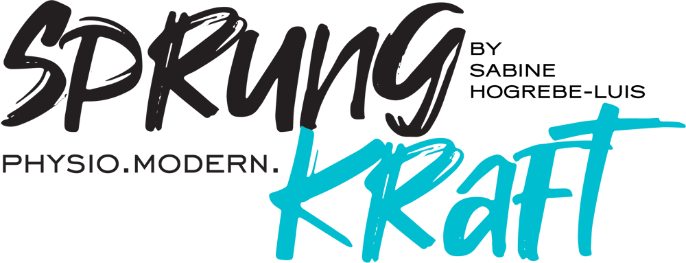 Schwarzer Text "Sprung", darunter "PHYSIO.MODERN.", daneben "BY SABINE HOGREBE-LUIS", und türkiser Text "Kraft".