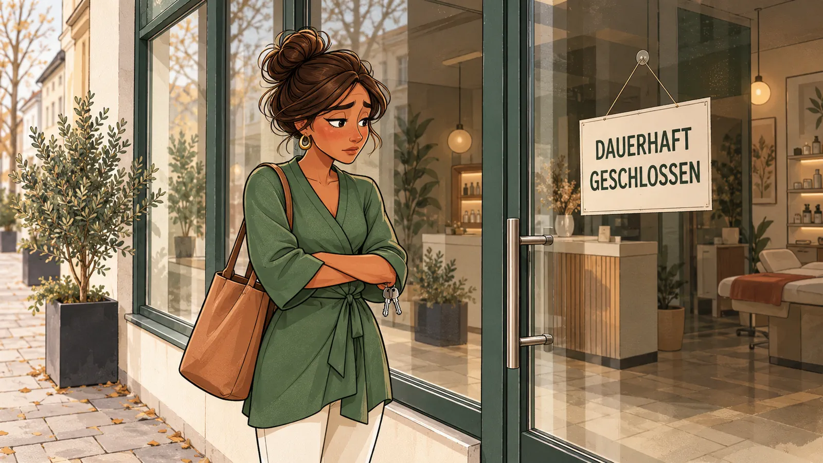 Illustration einer nachdenklichen Kosmetikerin vor einem dauerhaft geschlossenen Institut