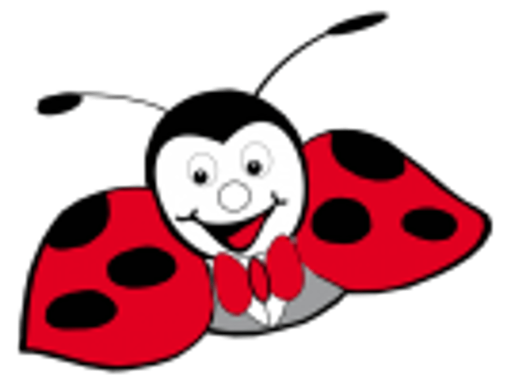 Roter Marienkäfer-Cartoon mit schwarzen Punkten, weißen Augen und lächelndem Mund, der fliegt.