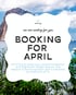 Felseninsel, blaues Wasser, weiße Wolken und Text: "BOOKING FOR APRIL".