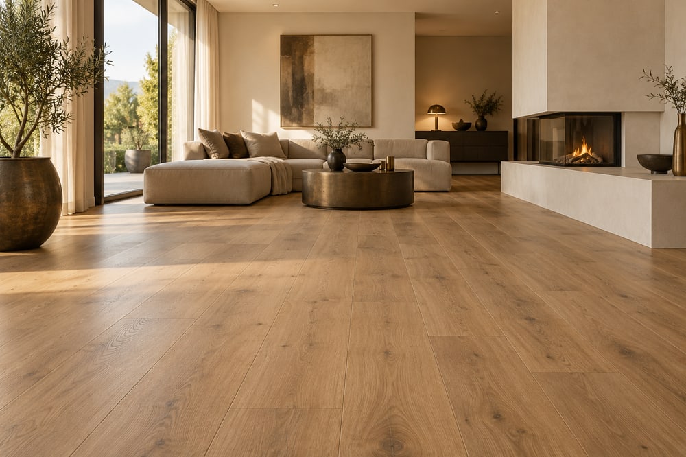 Heller Wohnraum mit Vinylboden in warmer Eichenoptik
