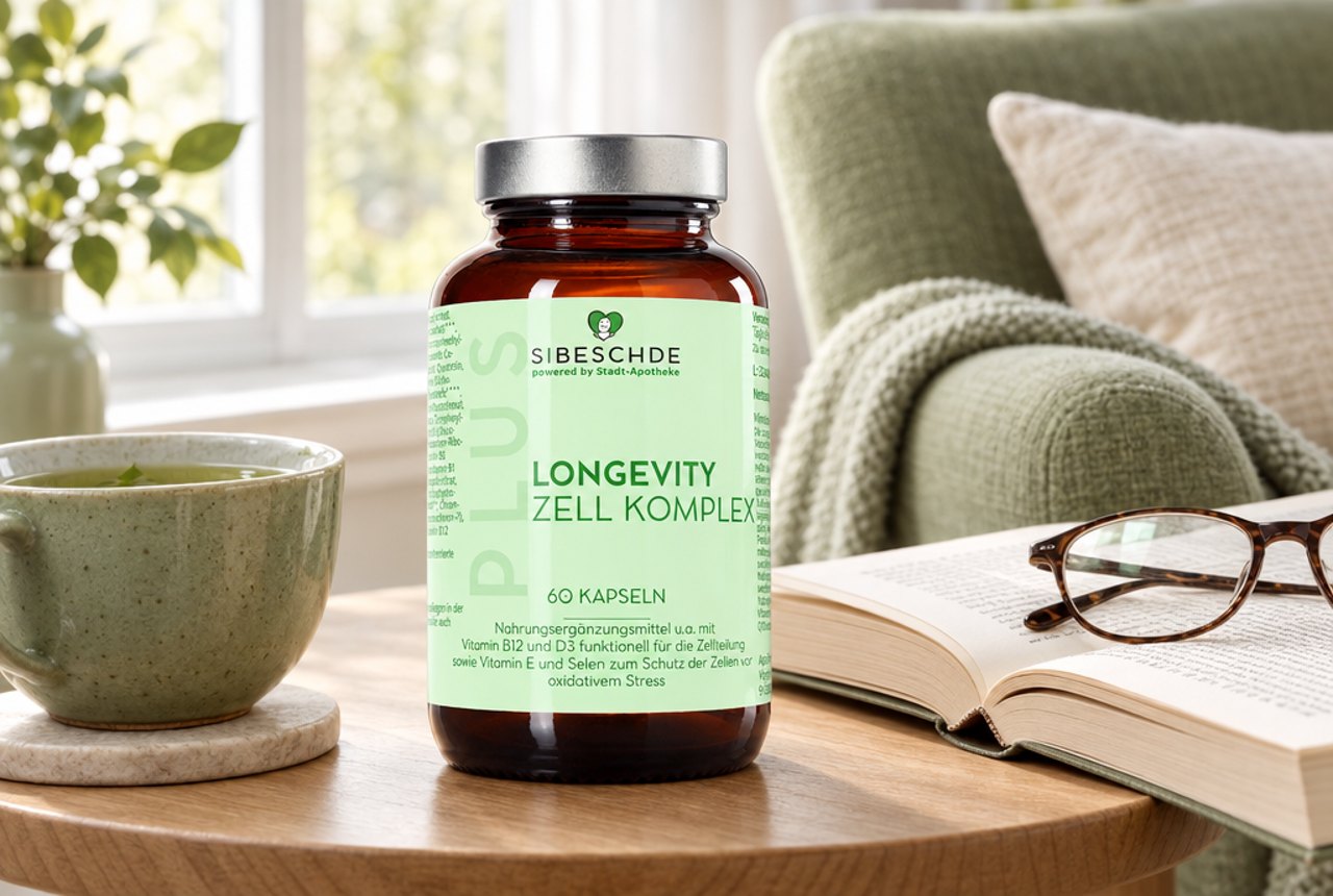 S|BESCHDE Longevity Zell Komplex auf einem Beistelltisch neben Lesesessel, aufgeschlagenem Buch, Lesebrille und grünem Tee