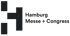 Logo Hamburg Messe + Congress mit stilisiertem H aus schwarzen Quadraten auf grünem Hintergrund.