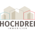 Logo von Hochdrei Immobilien mit abstrakten Häuserumrissen auf schwarzem Hintergrund.