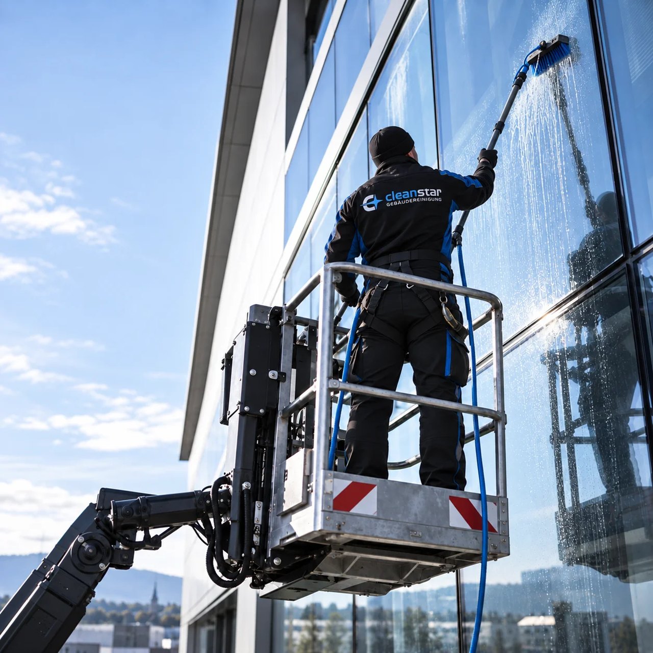 Fensterreinigung mit Abzieher an einer Glasfront