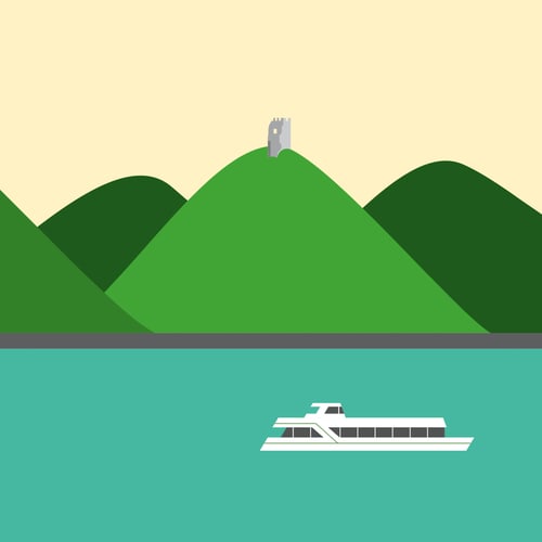 Illustration des Drachenfels mit Burgruine auf grünem Hügel und Schiff auf dem Rhein