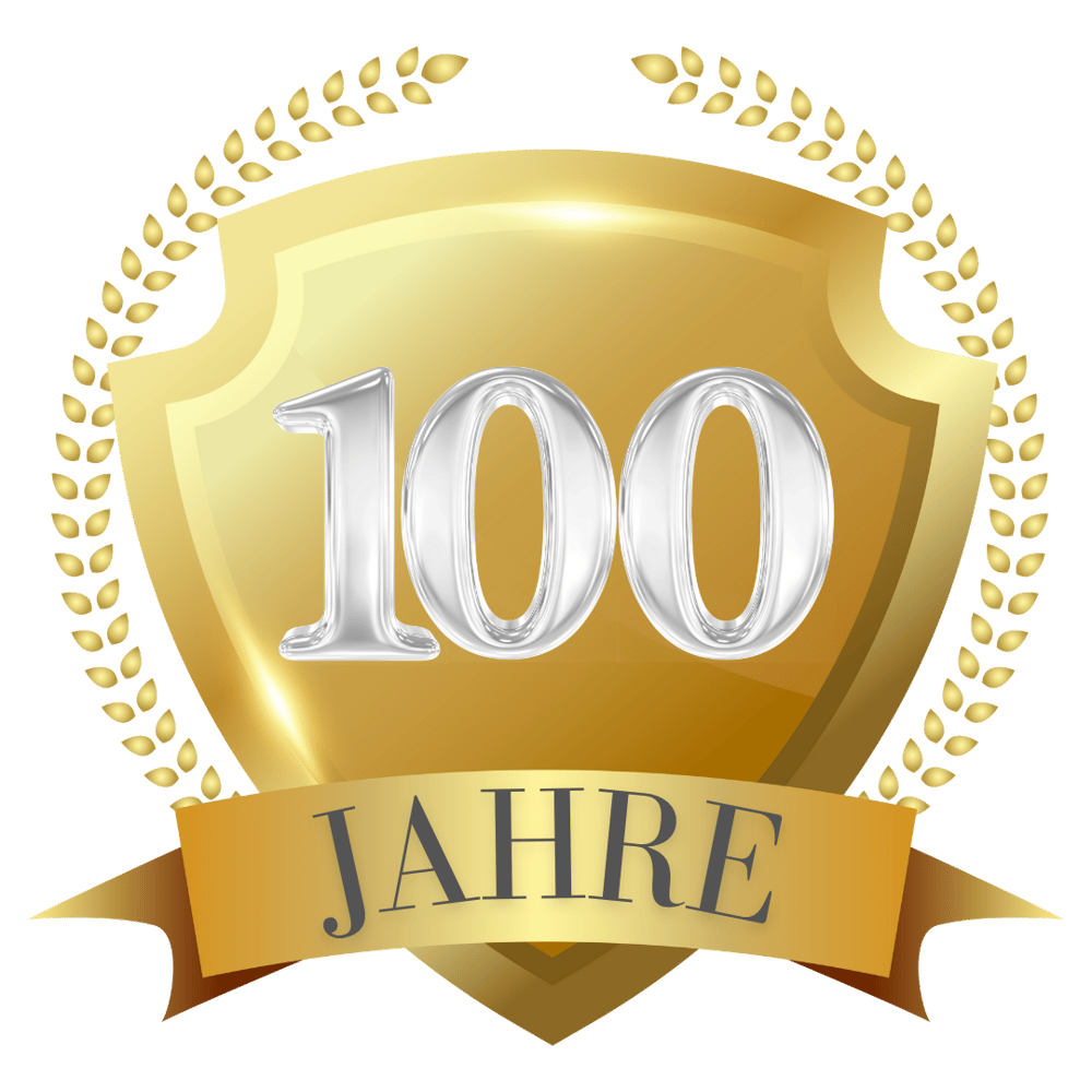 Goldenes Schild mit Lorbeerkranz und der silbernen Aufschrift "100 JAHRE" auf einem goldenen Band.