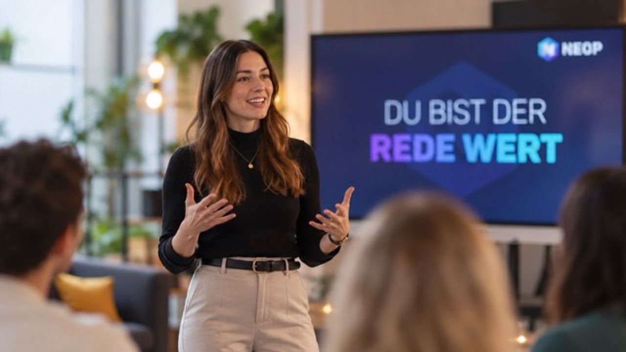 Teilnehmerin präsentiert vor der Gruppe, im Hintergrund ein Bildschirm mit Du bist der Rede wert