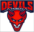 Logo "Devils Ulm/Neu-Ulm" mit einem grinsenden roten Teufelskopf und Hörnern.