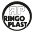Schwarz-weißes kreisförmiges Logo mit den Wörtern "RINGO PLAST" und den stilisierten Buchstaben "RP" oben.