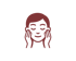 Dunkelrotes Icon einer Person mit geschlossenen Augen, die beide Hände sanft an ihre Wangen hält.