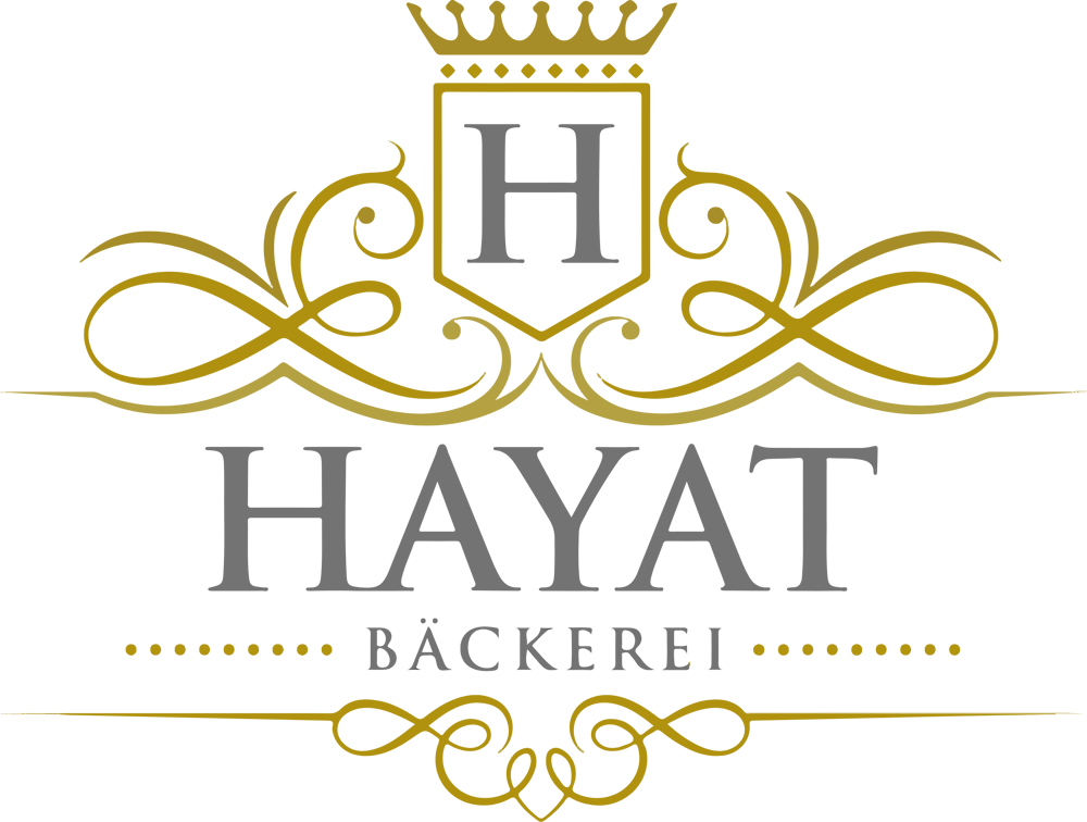 HAYAT Bäckerei Logo mit goldener Krone, "H" und Verzierungen auf dunkelgrünem Hintergrund.