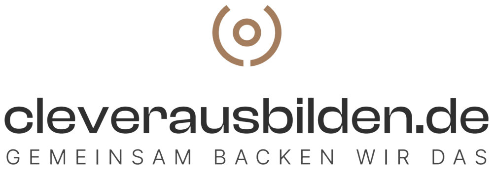 Logo von cleverausbilden.de mit braunem Kreis-Symbol und dem Slogan "GEMEINSAM BACKEN WIR DAS".