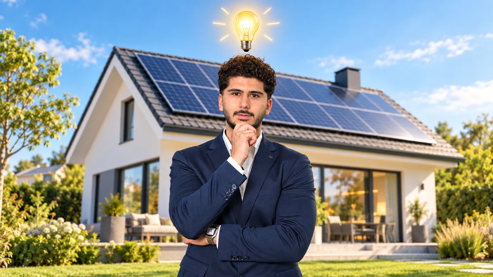 Mann vor einem Haus mit Photovoltaikanlage