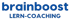 Blauer Text auf dunkelgrünem Hintergrund: "brainboost LERN-COACHING".
